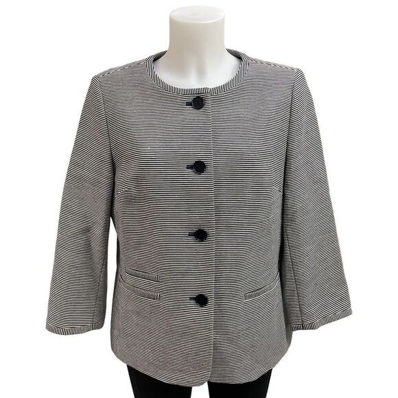 TALBOTS THE JACKIE FIT Button Down Blazer Coat striped black / white sz 12‎ NEW - Picture 1 of 8